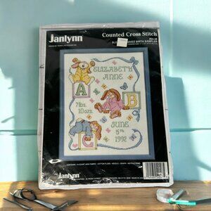 Vintage Cross Stitch Kit Sleepy Bunnies Baby Birth Announcement Nursery Gift